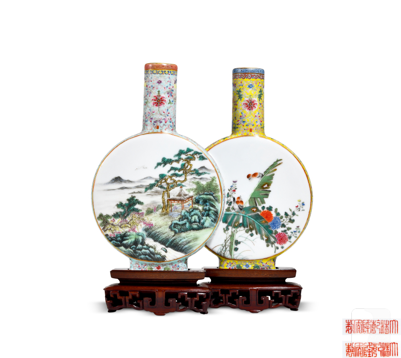 民国 粉彩山水花鸟双联瓶 - 图1